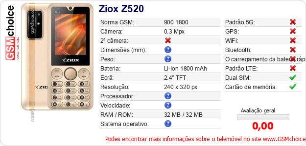 Ziox Z520 Especificações técnicas do telemóvel Ziox Z520 Especificações técnicas do telemóvel