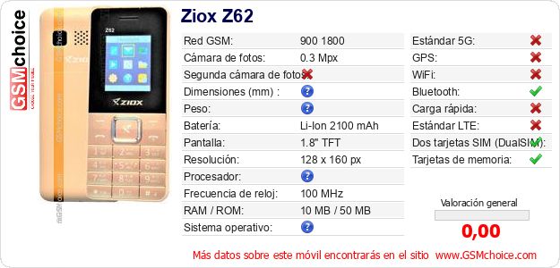 Ziox Z62 Datos técnicos del móvil Ziox Z62 Datos técnicos del móvil