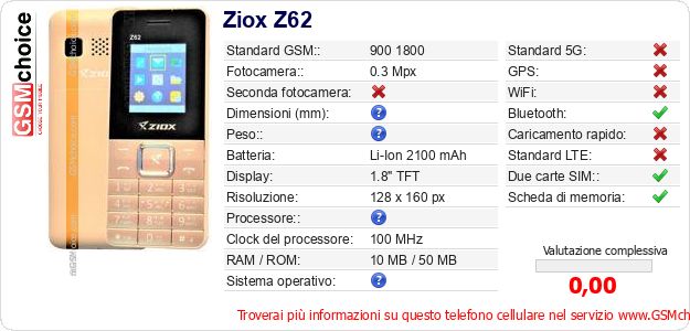 Ziox Z62 Dati tecnici di telefono cellulare 