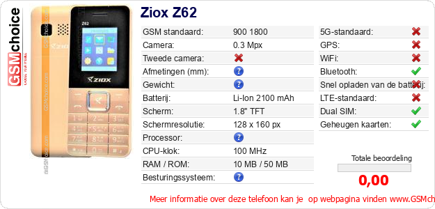 Ziox Z62 Technische gegevens 