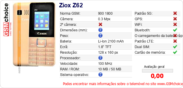 Ziox Z62 Especificações técnicas do telemóvel 