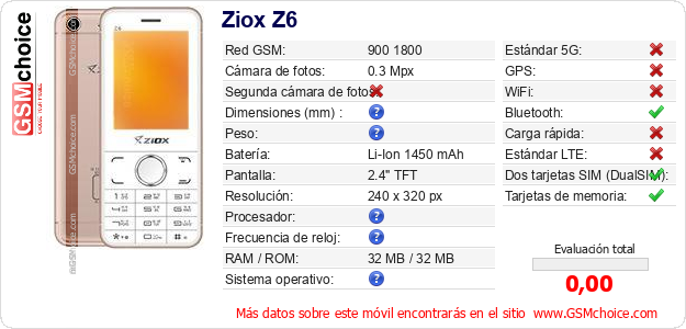 Ziox Z6 Datos técnicos del móvil Ziox Z6 Datos técnicos del móvil
