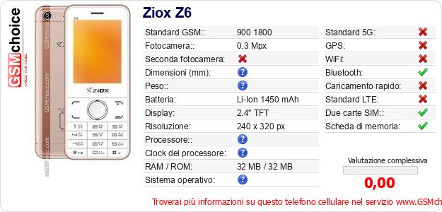 Ziox Z6 Dati tecnici di telefono cellulare Ziox Z6 Dati tecnici di telefono cellulare