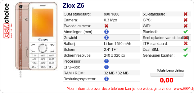 Ziox Z6 Technische gegevens Ziox Z6 Technische gegevens