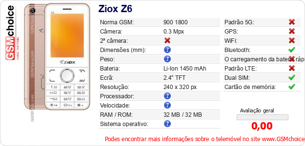 Ziox Z6 Especificações técnicas do telemóvel 
