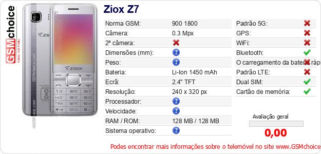 Ziox Z7 Especificações técnicas do telemóvel Ziox Z7 Especificações técnicas do telemóvel