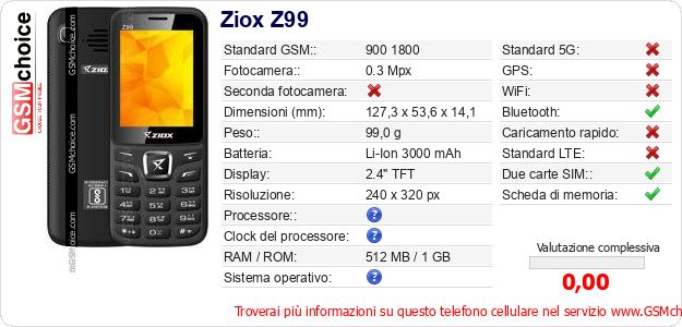 Ziox Z99 Dati tecnici di telefono cellulare 