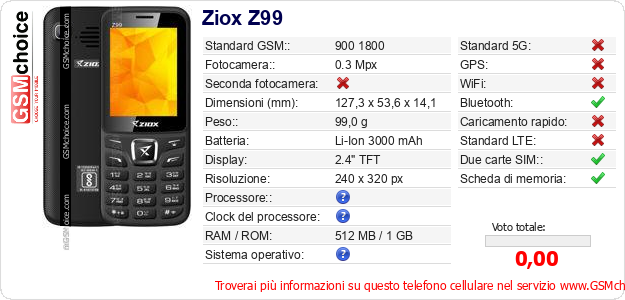 Ziox Z99 Dati tecnici di telefono cellulare Ziox Z99 Dati tecnici di telefono cellulare
