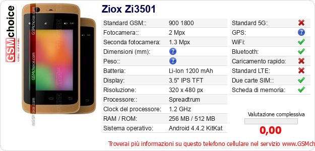 Ziox Zi3501 Dati tecnici di telefono cellulare 