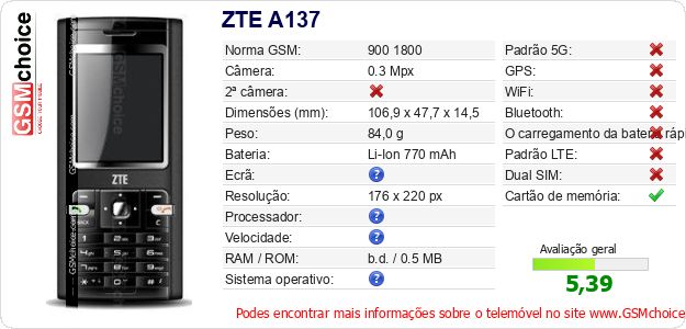 ZTE A137 Especificações técnicas do telemóvel ZTE A137 Especificações técnicas do telemóvel