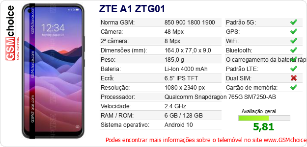 ZTE A1 ZTG01 Especificações técnicas do telemóvel 