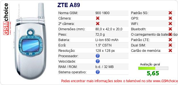ZTE A89 Especificações técnicas do telemóvel ZTE A89 Especificações técnicas do telemóvel