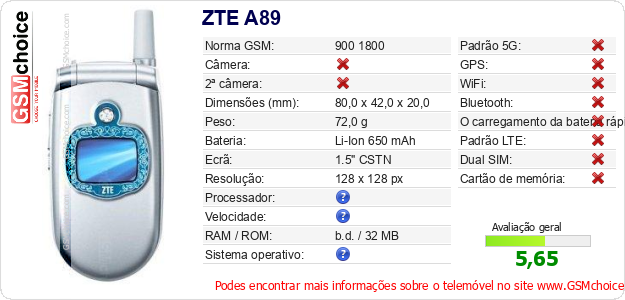 ZTE A89 Especificações técnicas do telemóvel ZTE A89 Especificações técnicas do telemóvel
