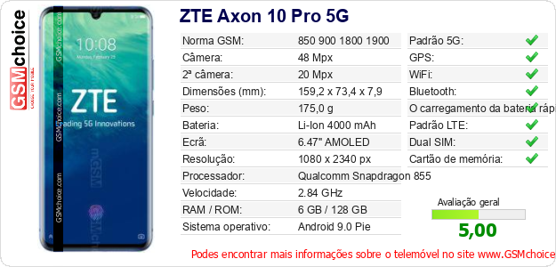ZTE Axon 10 Pro 5G Especificações técnicas do telemóvel 