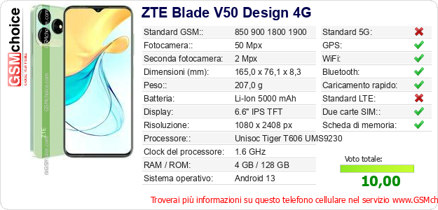 ZTE Blade V50 Design 4G Dati tecnici di telefono cellulare 