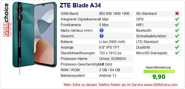ZTE Blade A34 technische Daten ZTE Blade A34 technische Daten