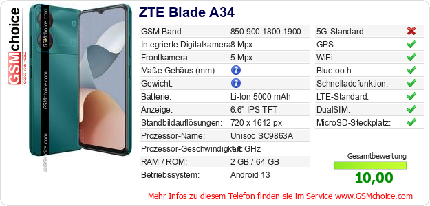 ZTE Blade A34 technische Daten ZTE Blade A34 technische Daten