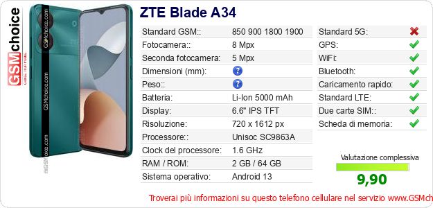 ZTE Blade A34 Dati tecnici di telefono cellulare ZTE Blade A34 Dati tecnici di telefono cellulare