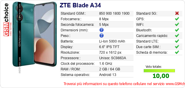 ZTE Blade A34 Dati tecnici di telefono cellulare ZTE Blade A34 Dati tecnici di telefono cellulare