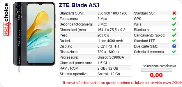 ZTE Blade A53 Dati tecnici di telefono cellulare ZTE Blade A53 Dati tecnici di telefono cellulare