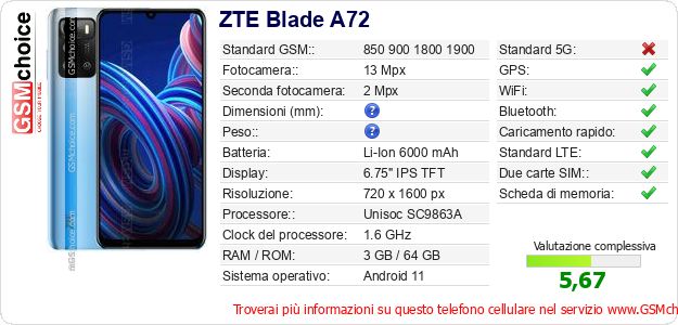 ZTE Blade A72 Dati tecnici di telefono cellulare ZTE Blade A72 Dati tecnici di telefono cellulare