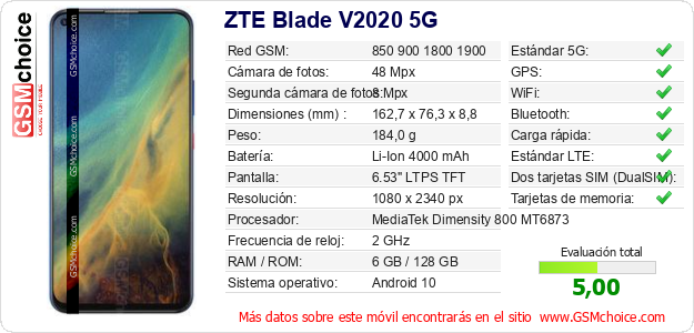 ZTE Blade V2020 5G Datos técnicos del móvil ZTE Blade V2020 5G Datos técnicos del móvil