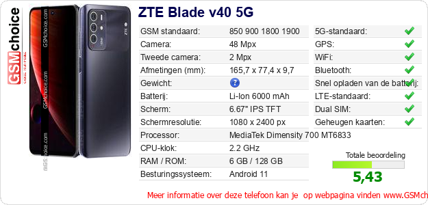 ZTE Blade v40 5G Technische gegevens 