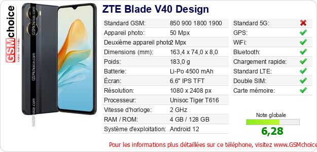 ZTE Blade V40 Design Fiche technique