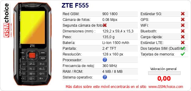 ZTE F555 Datos técnicos del móvil ZTE F555 Datos técnicos del móvil