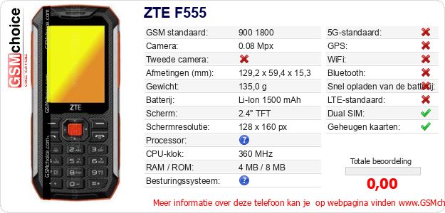 ZTE F555 Technische gegevens ZTE F555 Technische gegevens