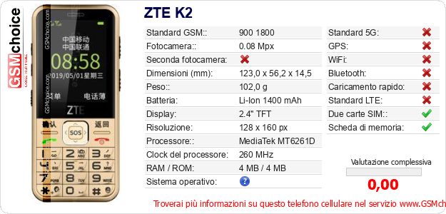 ZTE K2 Dati tecnici di telefono cellulare ZTE K2 Dati tecnici di telefono cellulare