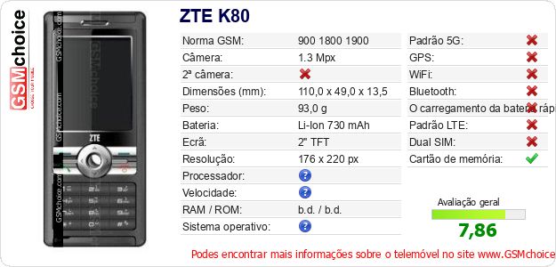 ZTE K80 Especificações técnicas do telemóvel ZTE K80 Especificações técnicas do telemóvel