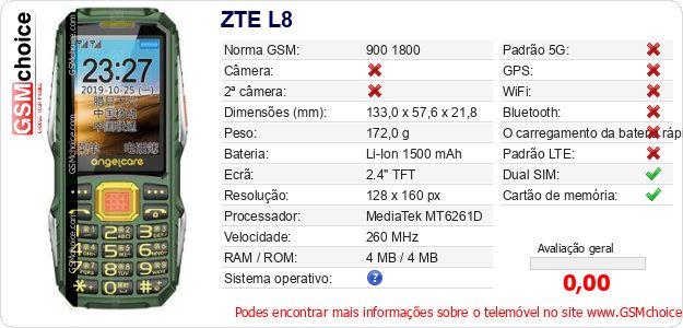 ZTE L8 Especificações técnicas do telemóvel ZTE L8 Especificações técnicas do telemóvel