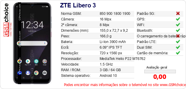 ZTE Libero 3 Especificações técnicas do telemóvel 