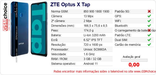 ZTE Optus X Tap Especificações técnicas do telemóvel ZTE Optus X Tap Especificações técnicas do telemóvel