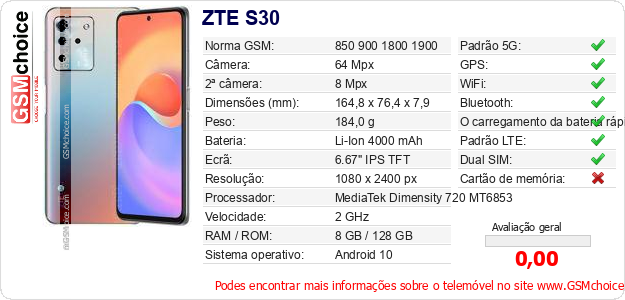 ZTE S30 Especificações técnicas do telemóvel 