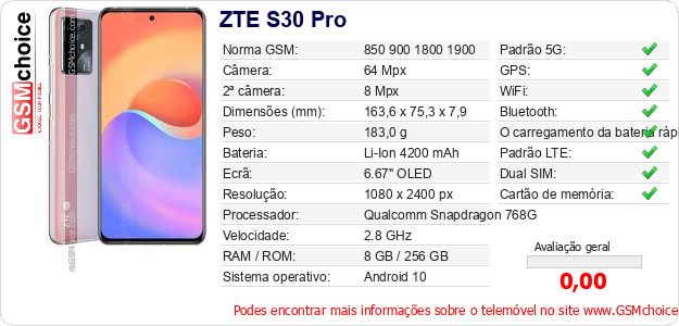 ZTE S30 Pro Especificações técnicas do telemóvel ZTE S30 Pro Especificações técnicas do telemóvel