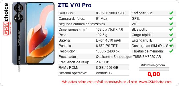 ZTE V70 Pro Datos técnicos del móvil ZTE V70 Pro Datos técnicos del móvil
