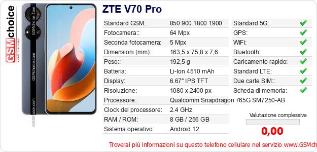 ZTE V70 Pro Dati tecnici di telefono cellulare ZTE V70 Pro Dati tecnici di telefono cellulare