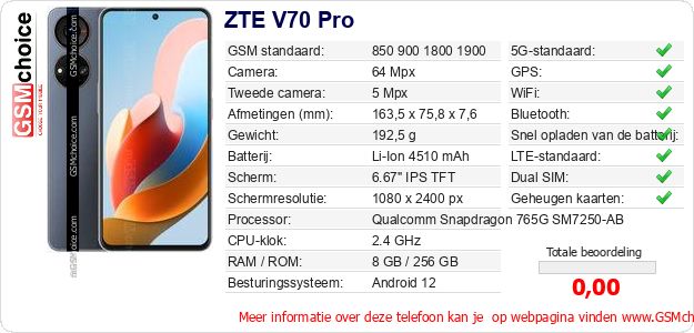 ZTE V70 Pro Technische gegevens ZTE V70 Pro Technische gegevens