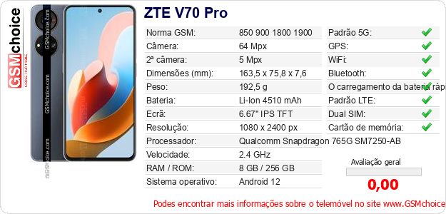 ZTE V70 Pro Especificações técnicas do telemóvel ZTE V70 Pro Especificações técnicas do telemóvel