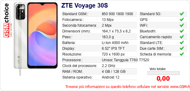 ZTE Voyage 30S Dati tecnici di telefono cellulare 