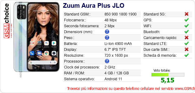 Zuum Aura Plus JLO Dati tecnici di telefono cellulare 