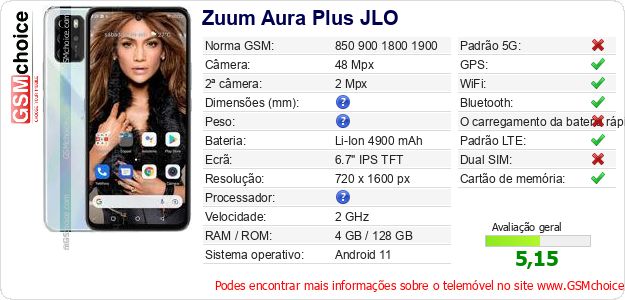 Zuum Aura Plus JLO Especificações técnicas do telemóvel 