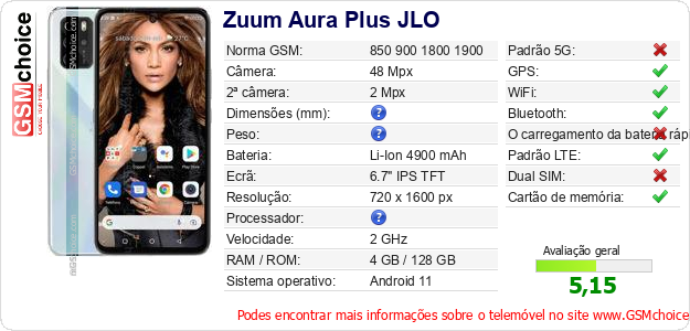 Zuum Aura Plus JLO Especificações técnicas do telemóvel 