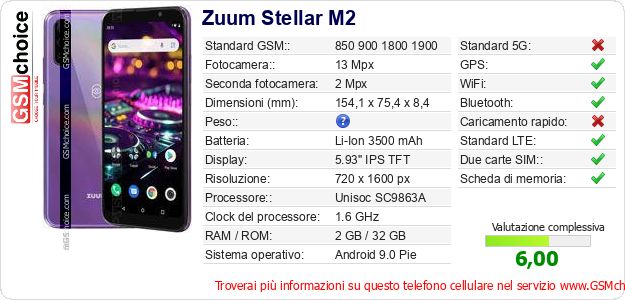 Zuum Stellar M2 Dati tecnici di telefono cellulare Zuum Stellar M2 Dati tecnici di telefono cellulare